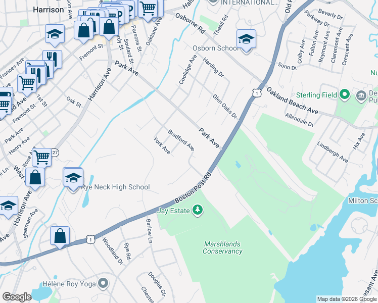 map of restaurants, bars, coffee shops, grocery stores, and more near 40 Bradford Avenue in Rye