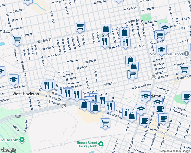 map of restaurants, bars, coffee shops, grocery stores, and more near 587 Grant Street in Hazleton