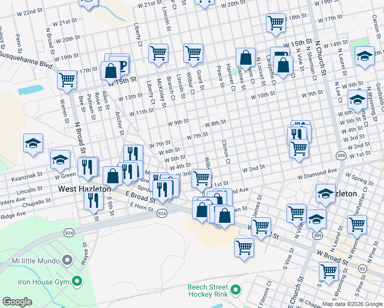 map of restaurants, bars, coffee shops, grocery stores, and more near 929 W 4th St in Hazleton