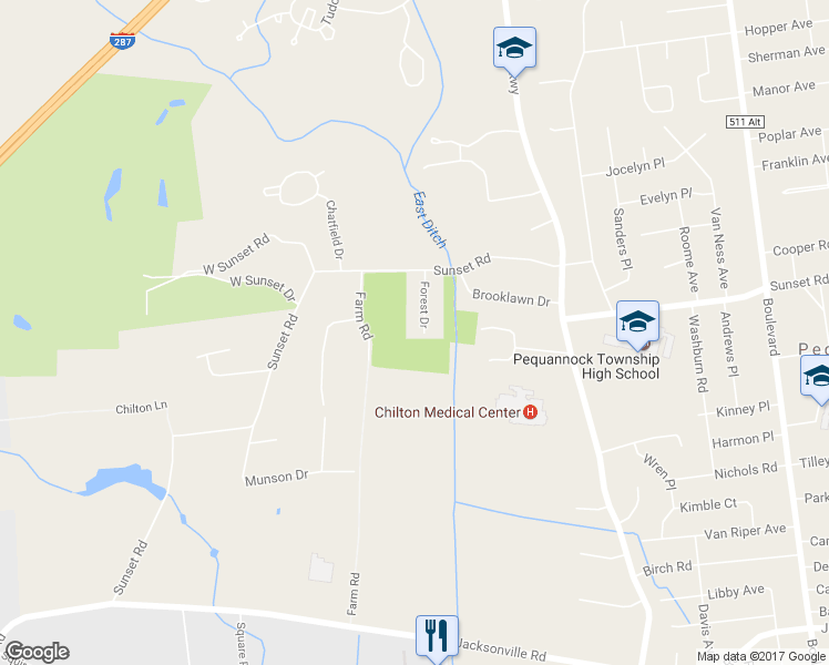 map of restaurants, bars, coffee shops, grocery stores, and more near 67 Forest Drive in Pequannock Township