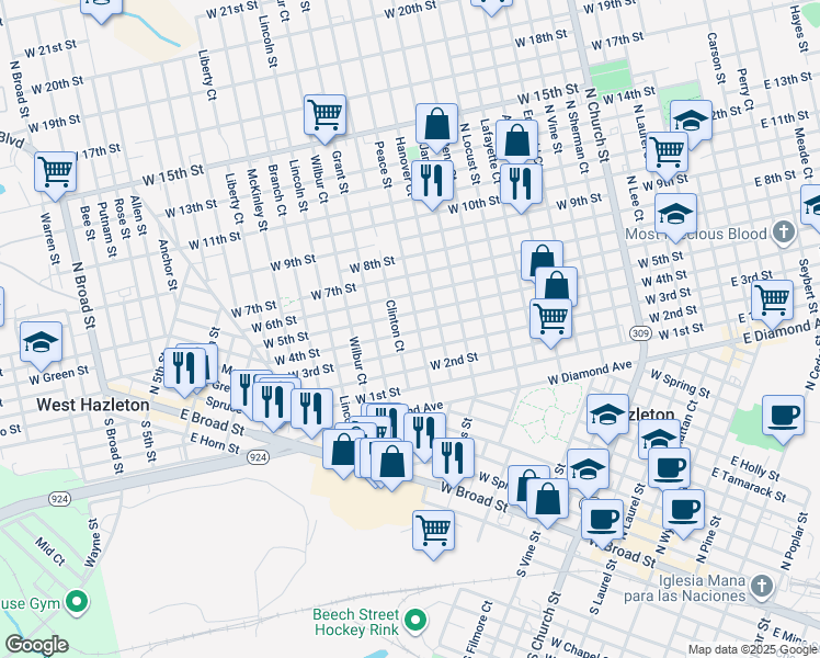 map of restaurants, bars, coffee shops, grocery stores, and more near 582 Peace Street in Hazleton