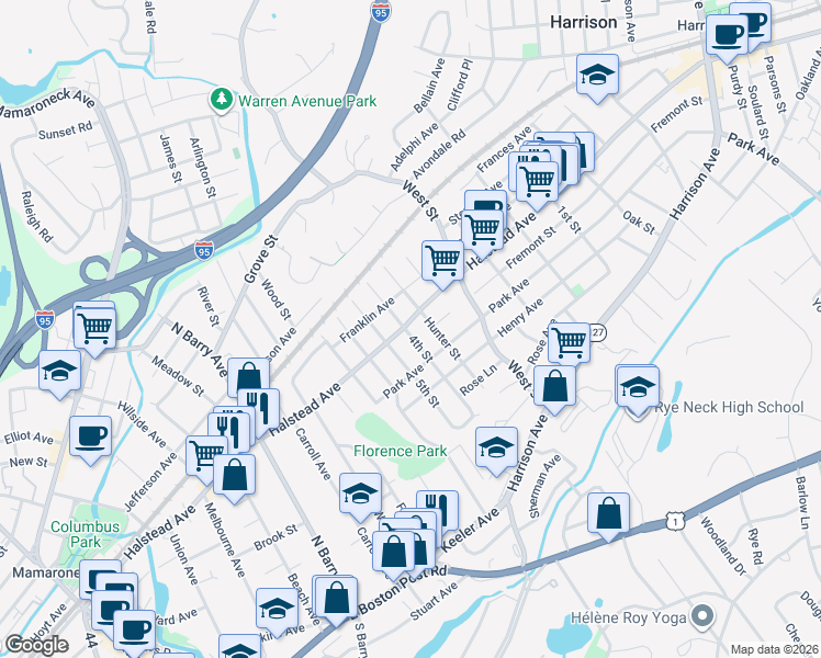 map of restaurants, bars, coffee shops, grocery stores, and more near 1305 Halstead Avenue in Mamaroneck