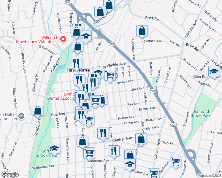 map of restaurants, bars, coffee shops, grocery stores, and more near 96 6th Avenue in Hawthorne