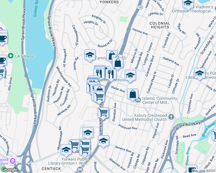 map of restaurants, bars, coffee shops, grocery stores, and more near 1820 Central Park Avenue in Yonkers