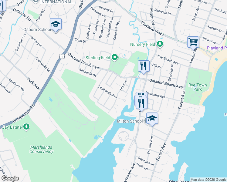 map of restaurants, bars, coffee shops, grocery stores, and more near 30 Hix Avenue in Rye