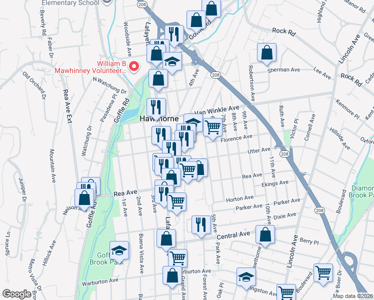 map of restaurants, bars, coffee shops, grocery stores, and more near 27 Utter Avenue in Hawthorne