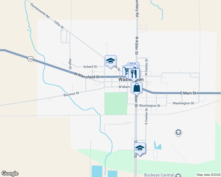 map of restaurants, bars, coffee shops, grocery stores, and more near 403 West Main Street in New Washington