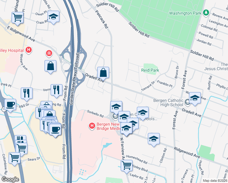 map of restaurants, bars, coffee shops, grocery stores, and more near 257 Pascack Road in Paramus