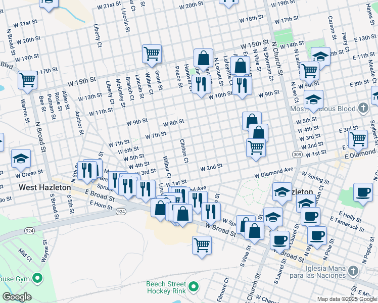 map of restaurants, bars, coffee shops, grocery stores, and more near 588 Peace Street in Hazleton