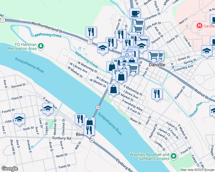 map of restaurants, bars, coffee shops, grocery stores, and more near 18 West Market Street in Danville