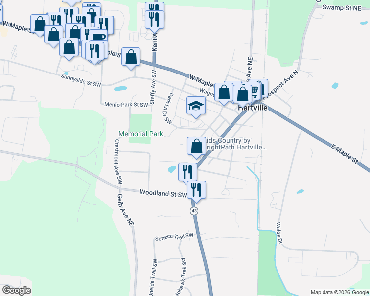 map of restaurants, bars, coffee shops, grocery stores, and more near 205 Jefferson Street in Hartville