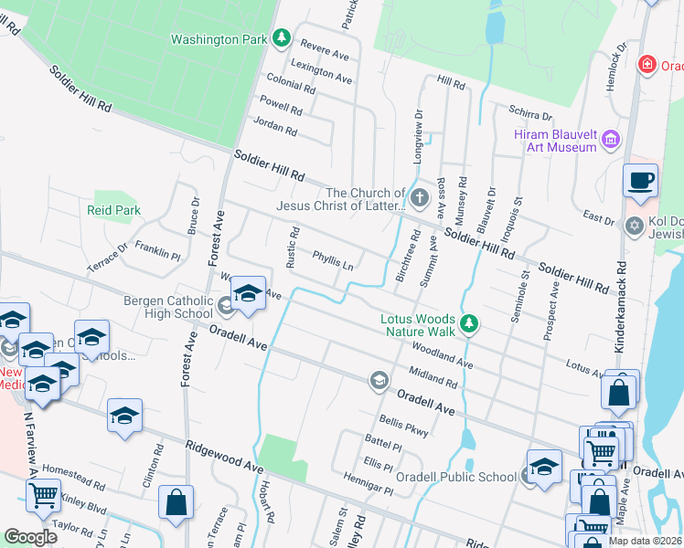 map of restaurants, bars, coffee shops, grocery stores, and more near 953 Amaryllis Avenue in Oradell