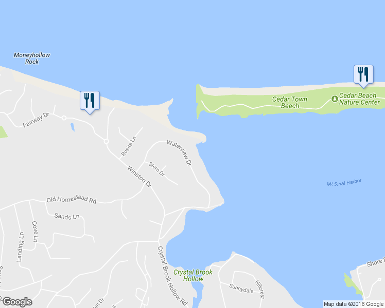 map of restaurants, bars, coffee shops, grocery stores, and more near 25 Waterview Drive in Port Jefferson