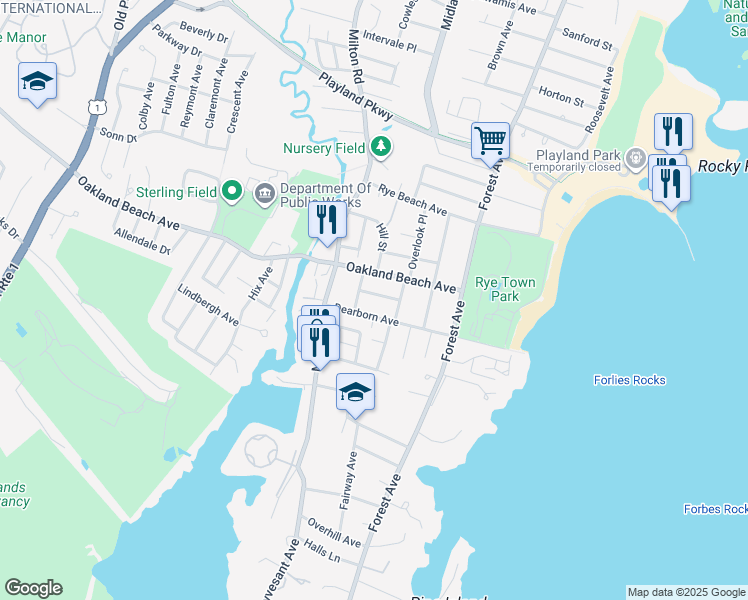 map of restaurants, bars, coffee shops, grocery stores, and more near 53 Dearborn Avenue in Rye