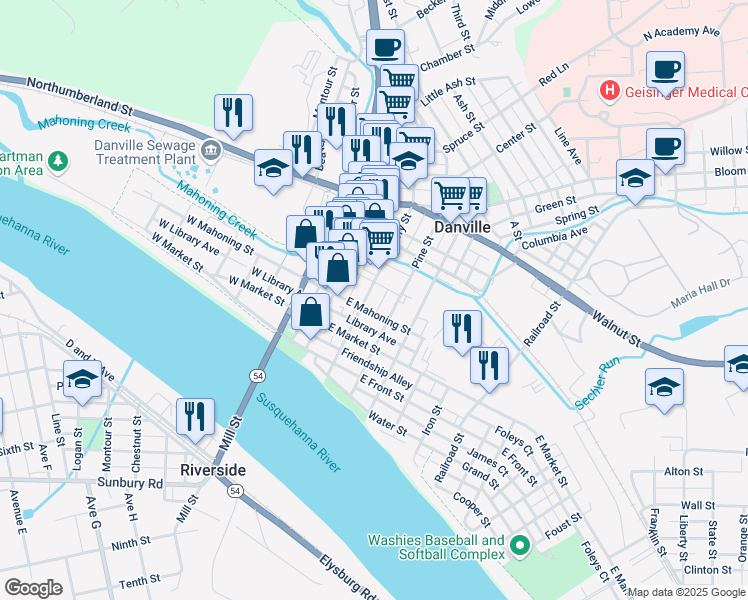 map of restaurants, bars, coffee shops, grocery stores, and more near 428 Ferry Street in Danville