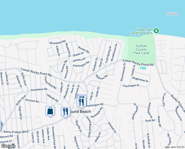 map of restaurants, bars, coffee shops, grocery stores, and more near Lower Rocky Point Rd & Eastport Dr in Sound Beach