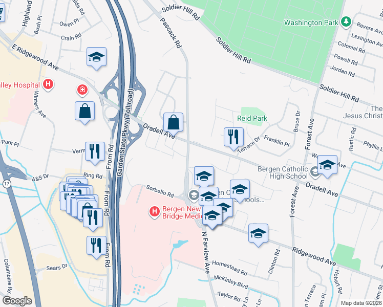 map of restaurants, bars, coffee shops, grocery stores, and more near 257 Pascack Road in Paramus