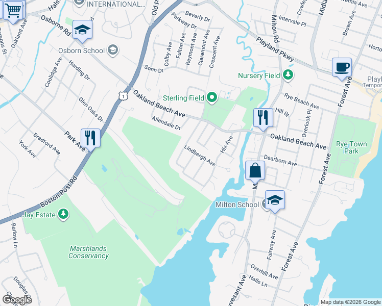 map of restaurants, bars, coffee shops, grocery stores, and more near 2 Byrd Street in Rye