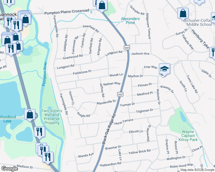 map of restaurants, bars, coffee shops, grocery stores, and more near 25 Jeffrey Road in Wayne