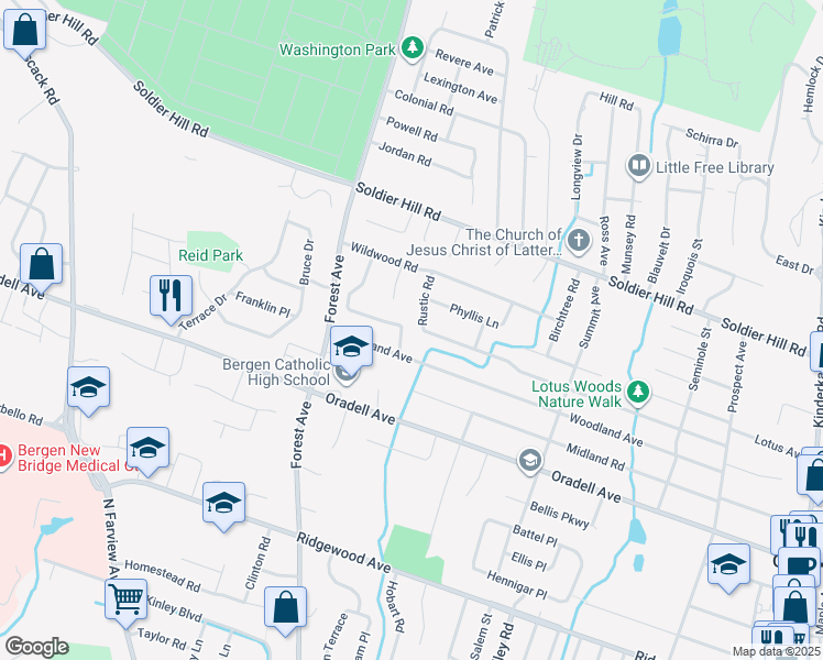 map of restaurants, bars, coffee shops, grocery stores, and more near 1012 Woodland Avenue in Oradell