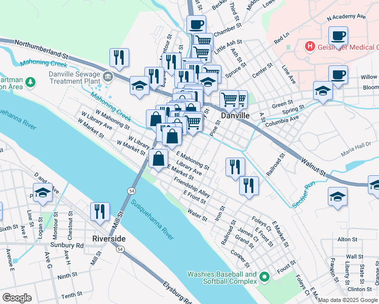 map of restaurants, bars, coffee shops, grocery stores, and more near 428 Ferry Street in Danville