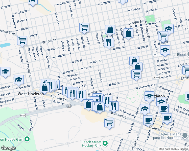 map of restaurants, bars, coffee shops, grocery stores, and more near 600 Grant Street in Hazleton
