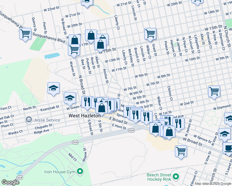map of restaurants, bars, coffee shops, grocery stores, and more near 35 Hemlock Street in West Hazleton