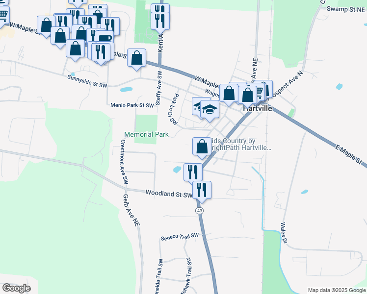 map of restaurants, bars, coffee shops, grocery stores, and more near 205 Jefferson Street in Hartville