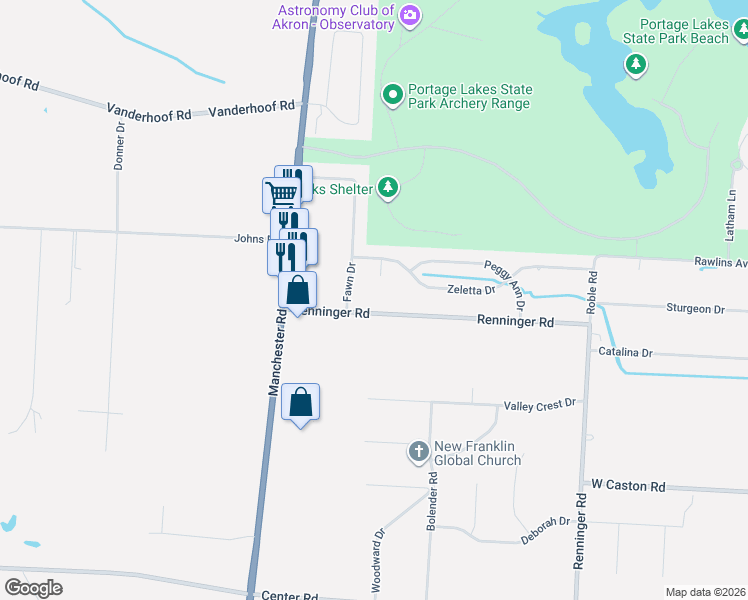 map of restaurants, bars, coffee shops, grocery stores, and more near 928 Renninger Road in Akron