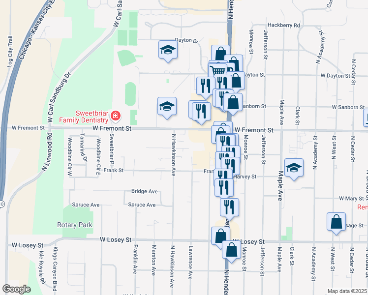 map of restaurants, bars, coffee shops, grocery stores, and more near 1084 Lawrence Avenue in Galesburg