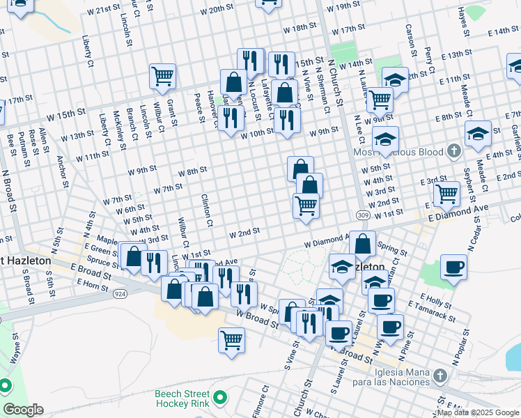 map of restaurants, bars, coffee shops, grocery stores, and more near 576 North Penn Court in Hazleton