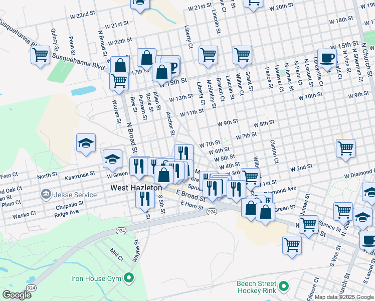 map of restaurants, bars, coffee shops, grocery stores, and more near 35 Hemlock Street in West Hazleton