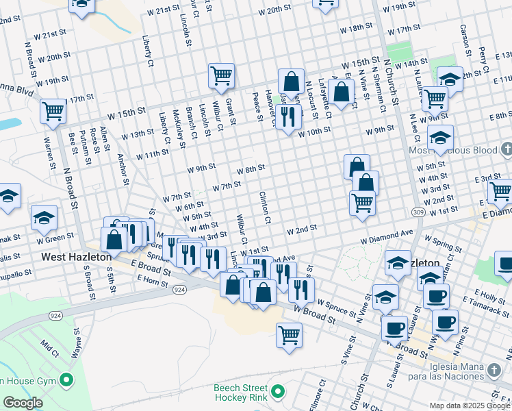 map of restaurants, bars, coffee shops, grocery stores, and more near 582 Peace Street in Hazleton