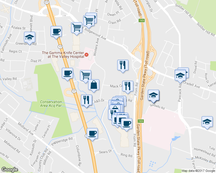 map of restaurants, bars, coffee shops, grocery stores, and more near 590 Winters Avenue in Paramus