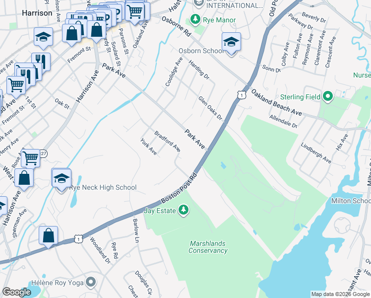 map of restaurants, bars, coffee shops, grocery stores, and more near 40 Bradford Avenue in Rye