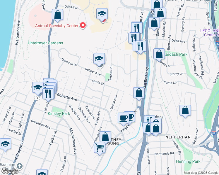 map of restaurants, bars, coffee shops, grocery stores, and more near 76 Lewis Street in Yonkers