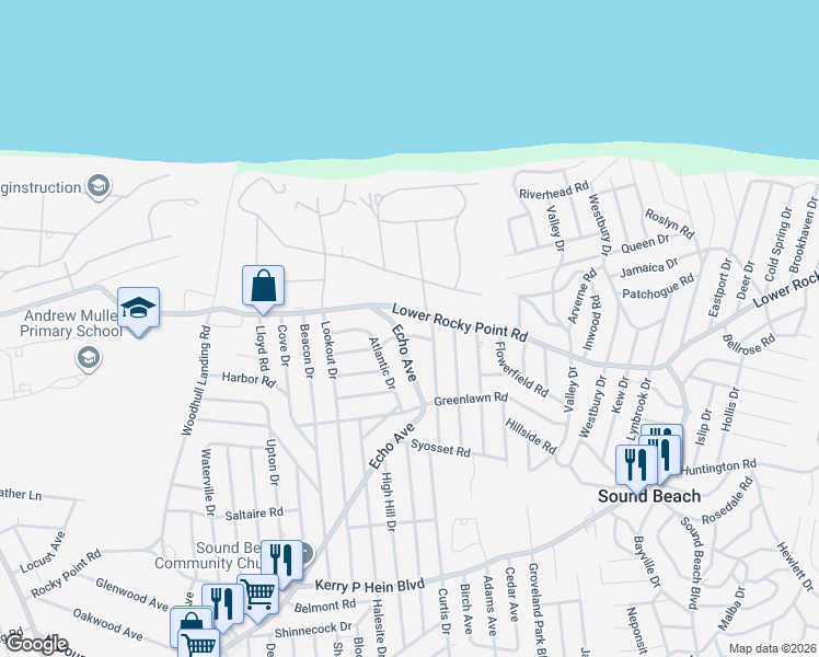 map of restaurants, bars, coffee shops, grocery stores, and more near 421 Echo Avenue in Sound Beach