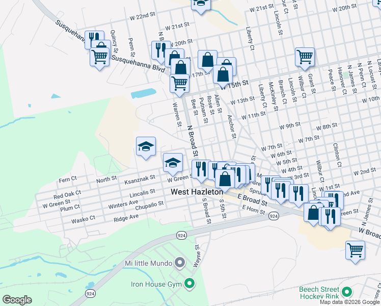 map of restaurants, bars, coffee shops, grocery stores, and more near 106 North Broad Street in West Hazleton