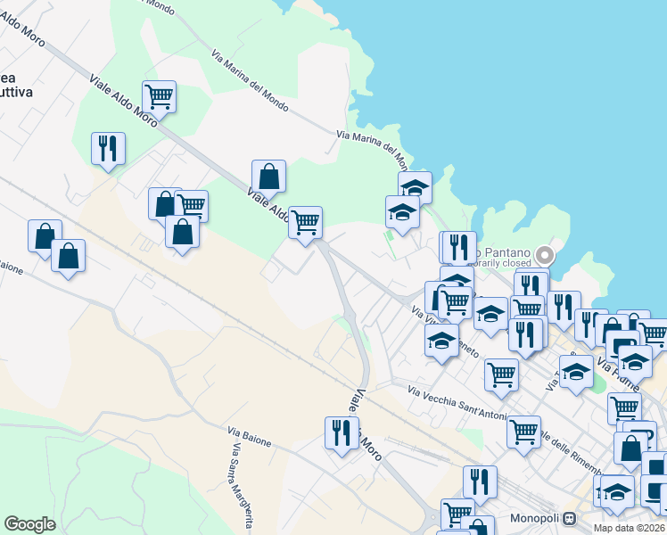 map of restaurants, bars, coffee shops, grocery stores, and more near 315 Via Vittorio Veneto in Monopoli