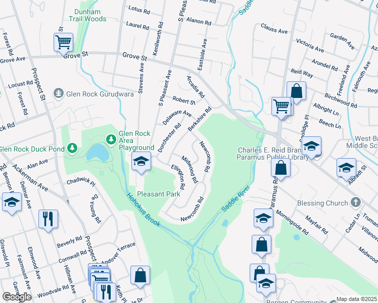 map of restaurants, bars, coffee shops, grocery stores, and more near 480 Hunter Road in Ridgewood