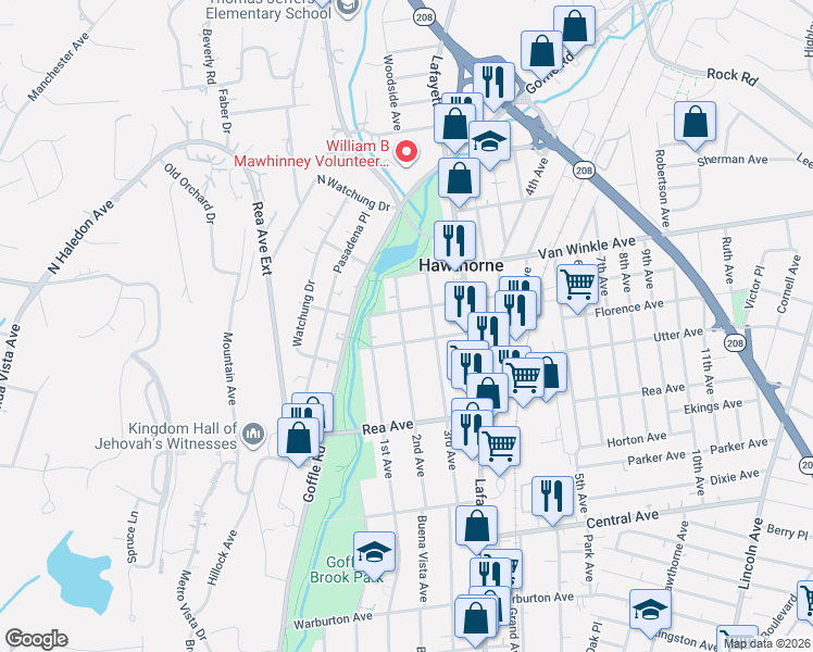 map of restaurants, bars, coffee shops, grocery stores, and more near 50 Florence Avenue in Hawthorne