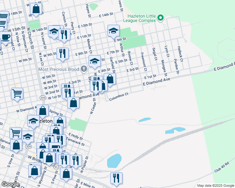 map of restaurants, bars, coffee shops, grocery stores, and more near 300-398 Columbus Court in Hazleton