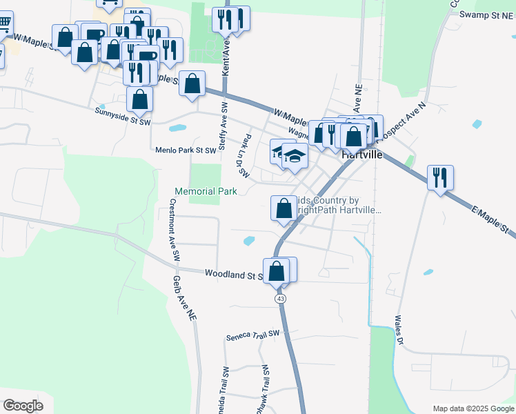 map of restaurants, bars, coffee shops, grocery stores, and more near 205 Jefferson Street in Hartville