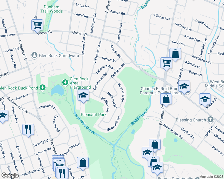 map of restaurants, bars, coffee shops, grocery stores, and more near 480 Hunter Road in Ridgewood