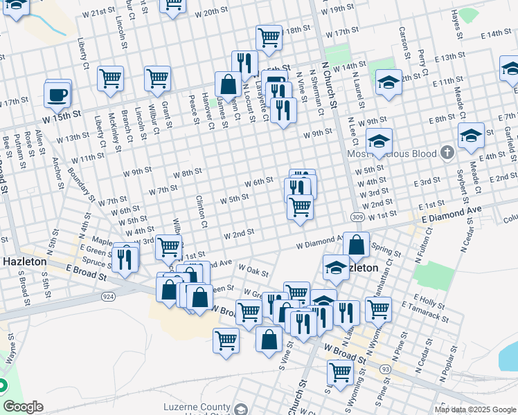 map of restaurants, bars, coffee shops, grocery stores, and more near 520 West 4th Street in Hazleton