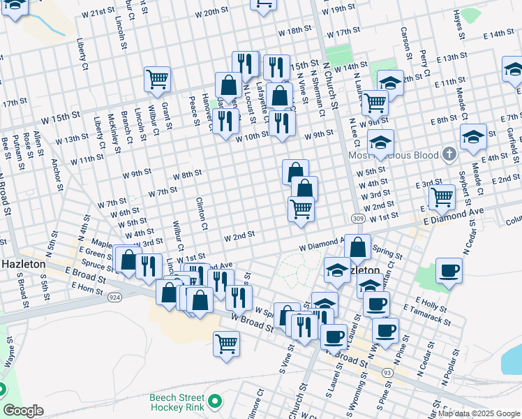 map of restaurants, bars, coffee shops, grocery stores, and more near 520 West 4th Street in Hazleton