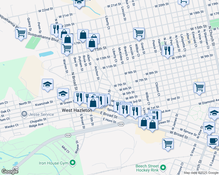 map of restaurants, bars, coffee shops, grocery stores, and more near 50 Tamarack Street in West Hazleton