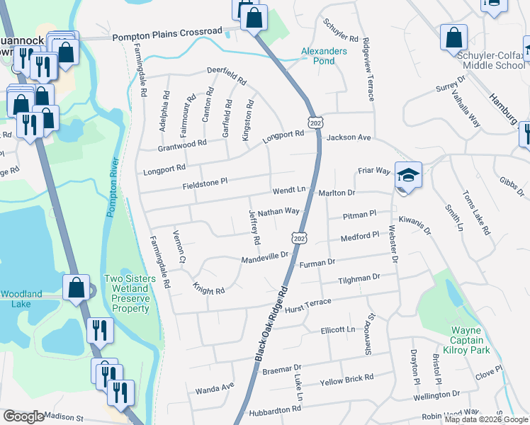 map of restaurants, bars, coffee shops, grocery stores, and more near 25 Nathan Way in Wayne