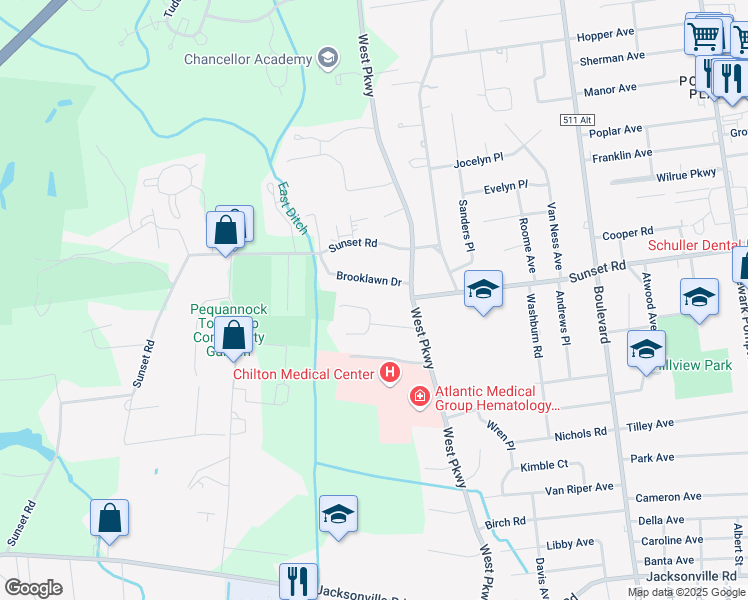 map of restaurants, bars, coffee shops, grocery stores, and more near 6 Brooklawn Drive in Pequannock Township