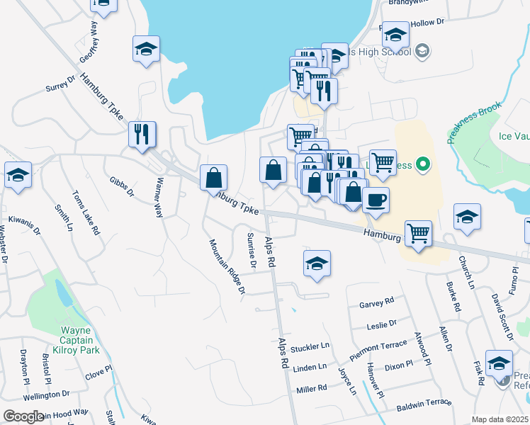 map of restaurants, bars, coffee shops, grocery stores, and more near in Wayne
